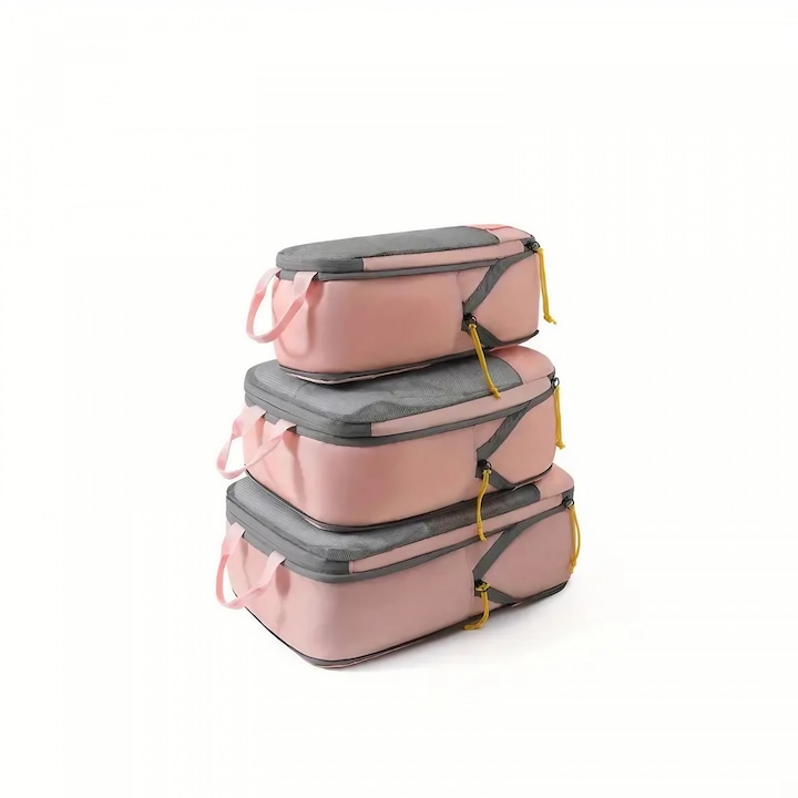 Комплект от 3 пътни чанти Flippy, съхранение, свиваеми, 3 размера, малки, средни, големи, водоустойчиви, двоен цип, розови