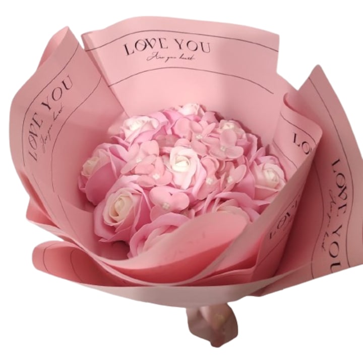 Buchet floral cu 9 trandafiri din sapun si hortensii roz, model 1