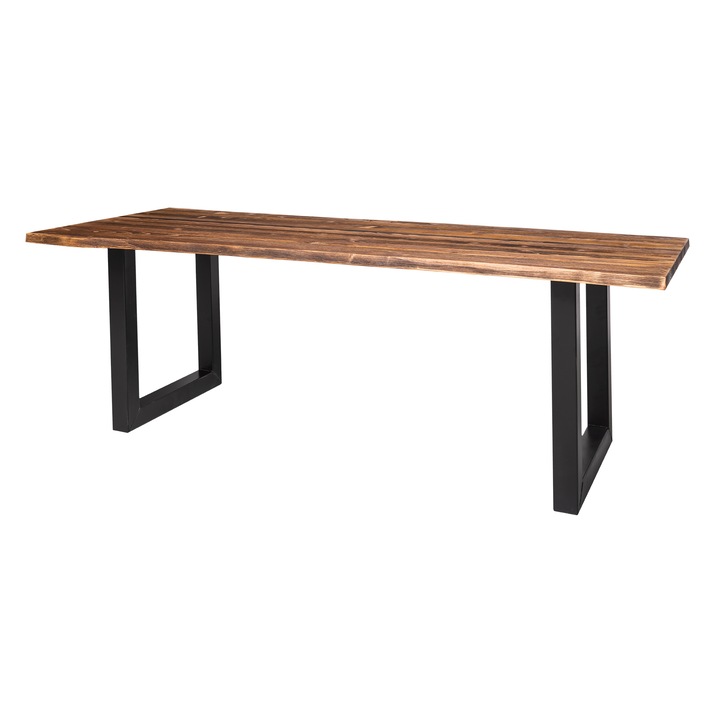 Masa cu blat pin cu picioare metalice U, dim 240x100x78 cm, culoare blat maro inchis P064, culoare picioare negru, periat adanc