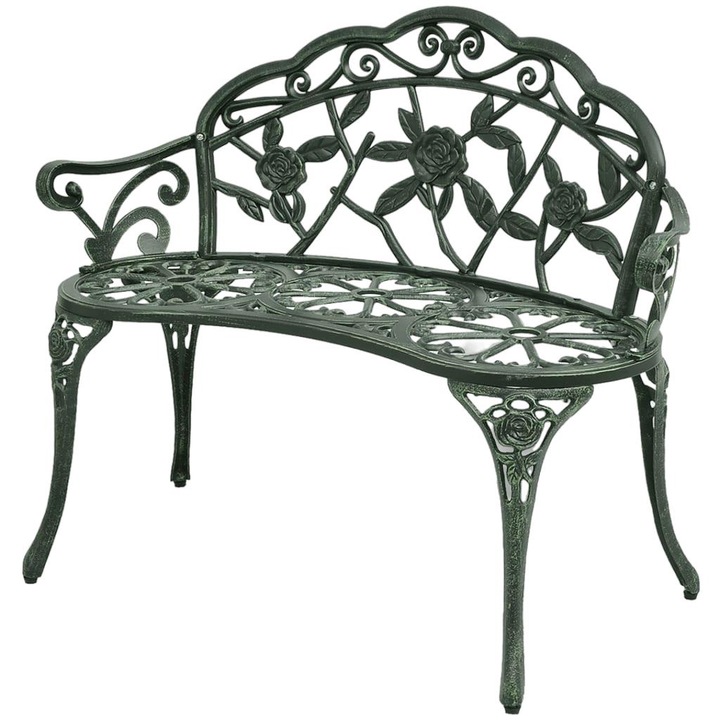 Градинска пейка в романтичен стил, Zakito Europe, Алуминиева сплав / Чугун, 2 човека, Максимално натоварване 110 кг, 100 x 54 x 80 см, Зелена