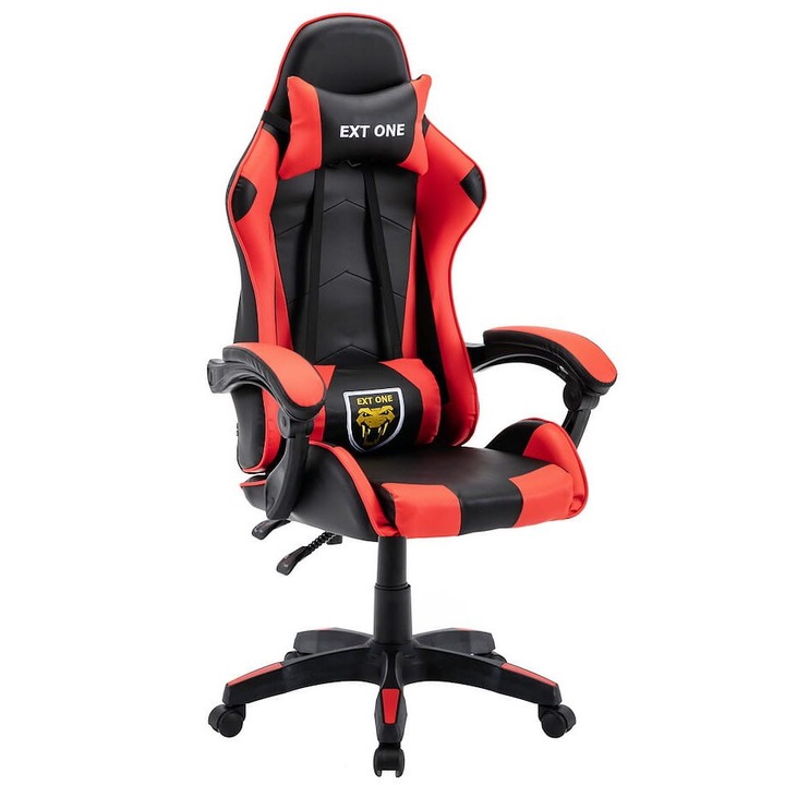 Scaun de gaming, piele ecologica, cu perna lombara, rosu si negru, 63x50x133 cm, EXT One