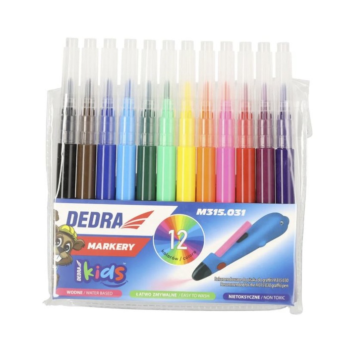 Set 12 markere colorate pe baza de apa, fara substante toxice, Dedra