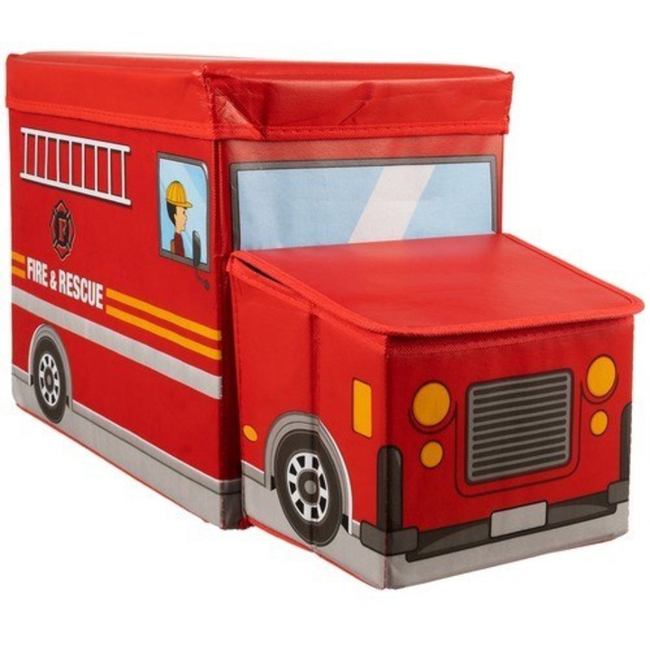 Cutie depozitare jucarii copii, Kruzzel, Model masina de pompieri, 53 x 26 x 31.5 cm