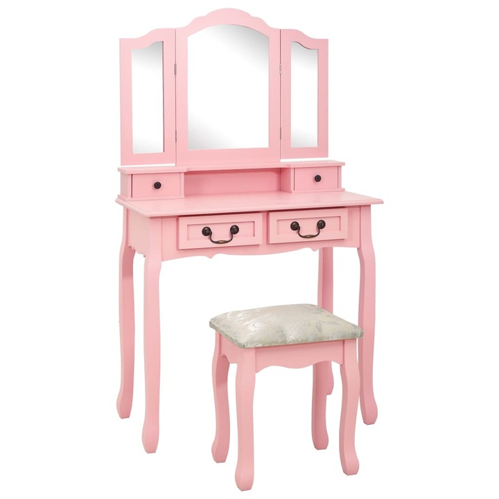 Тоалетка със стол, Zakito Europe, Дърво/MDF, 80x69x141 см, Розов