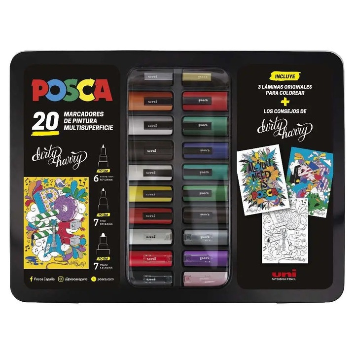 Set 20 Markere POSCA UNI Mitsubishi Colectia Dirty Harry, mapa metalica, vopsea pe baza de apa