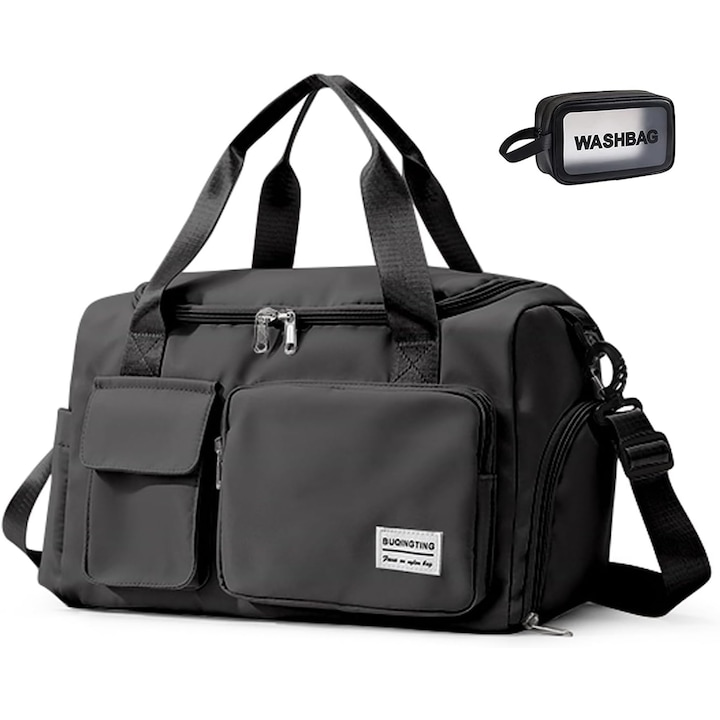 Чанта за фитнес и пътуване, водоустойчива, с места за съхранение, черен цвят и козметична чанта