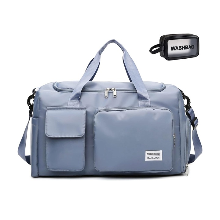Чанта за фитнес и пътуване, водоустойчива, с места за съхранение, син цвят и козметична чанта