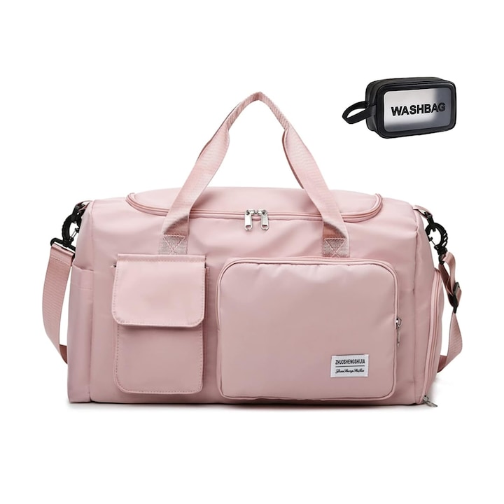 Чанта за фитнес и пътуване, водоустойчива, с места за съхранение, розов цвят и козметична чанта