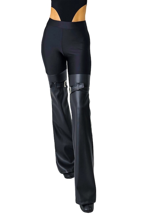 Pantaloni evazati Hybrid Style, din piele ecologica si curele decorative, Negru, Marime universala S/M