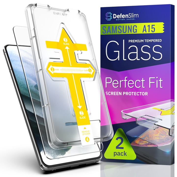 Комплект от 2 фолиа за стъкло, съвместими със Samsung Galaxy A15, DefenSlim, лесна и бърза инсталация с автоматично устройство за монтиране за 30 секунди с патентован Easy Install Kit, защита на телефона