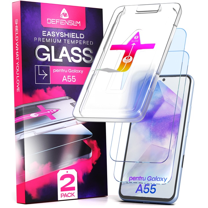 Set 2 Folii sticla compatibil cu Samsung Galaxy A55, DefenSlim, instalare usoara si rapida cu dispozitiv de potrivire automata in 30 sec cu Easy Install Kit patentat, protectie telefon