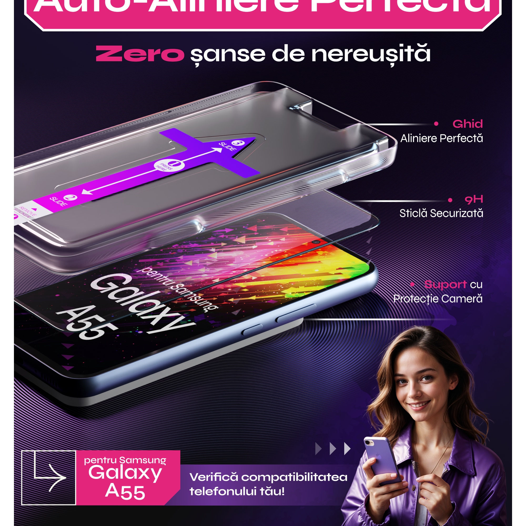 Set 2 Folii sticla compatibil cu Samsung Galaxy A55, DefenSlim, instalare usoara si rapida cu dispozitiv de potrivire automata in 30 sec cu Easy Install Kit patentat, protectie telefon