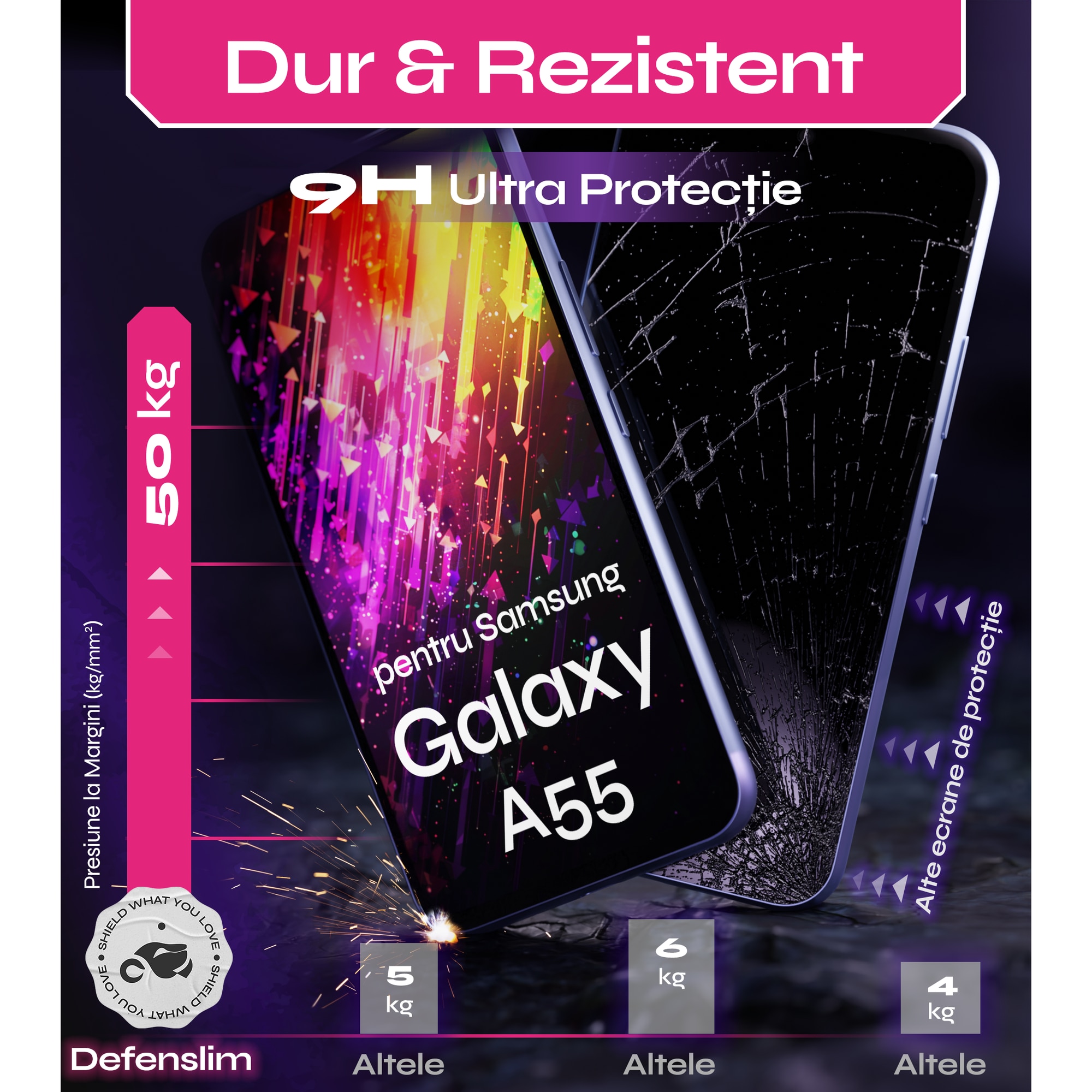 Set 2 Folii sticla compatibil cu Samsung Galaxy A55, DefenSlim, instalare usoara si rapida cu dispozitiv de potrivire automata in 30 sec cu Easy Install Kit patentat, protectie telefon
