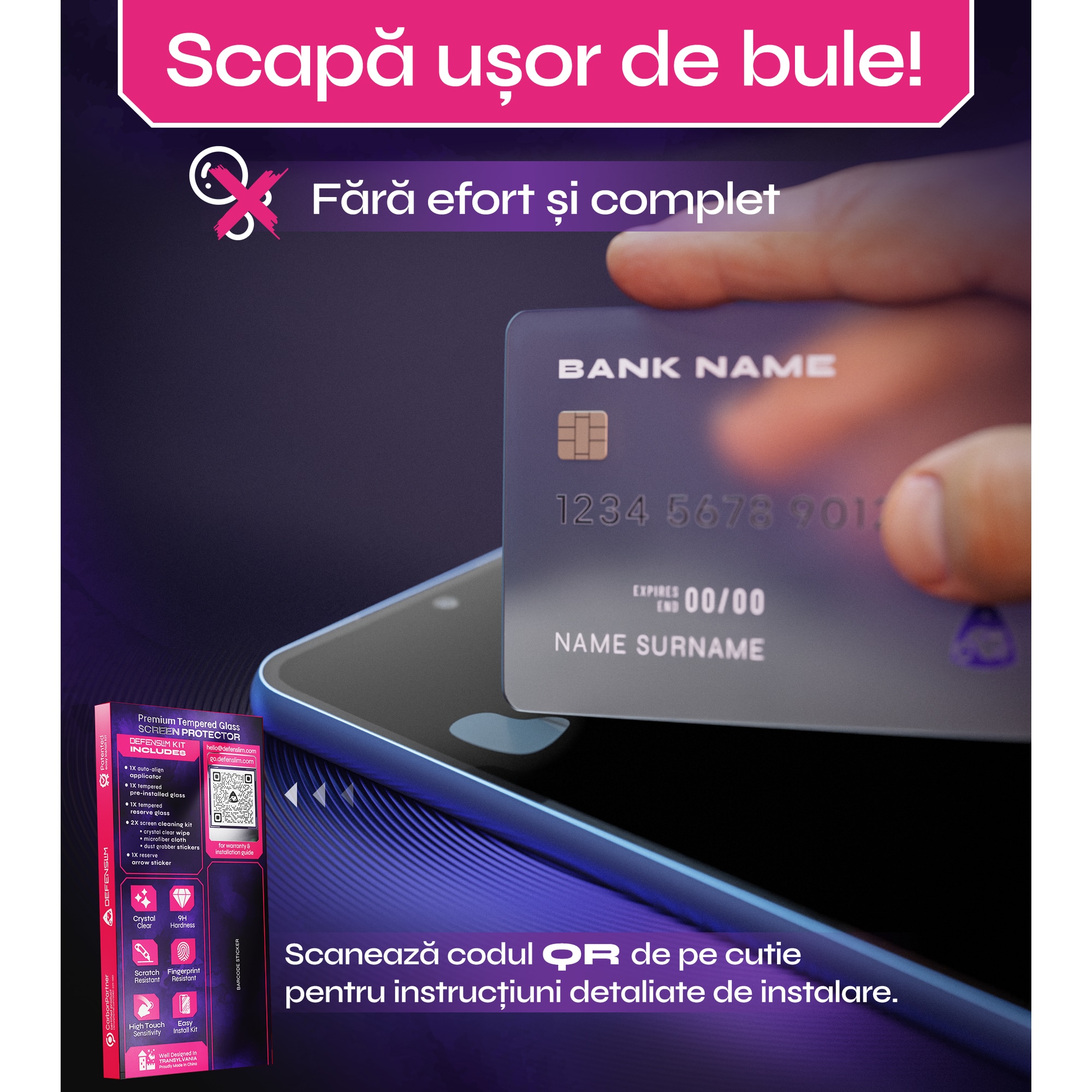 Set 2 Folii sticla compatibil cu Samsung Galaxy A55, DefenSlim, instalare usoara si rapida cu dispozitiv de potrivire automata in 30 sec cu Easy Install Kit patentat, protectie telefon