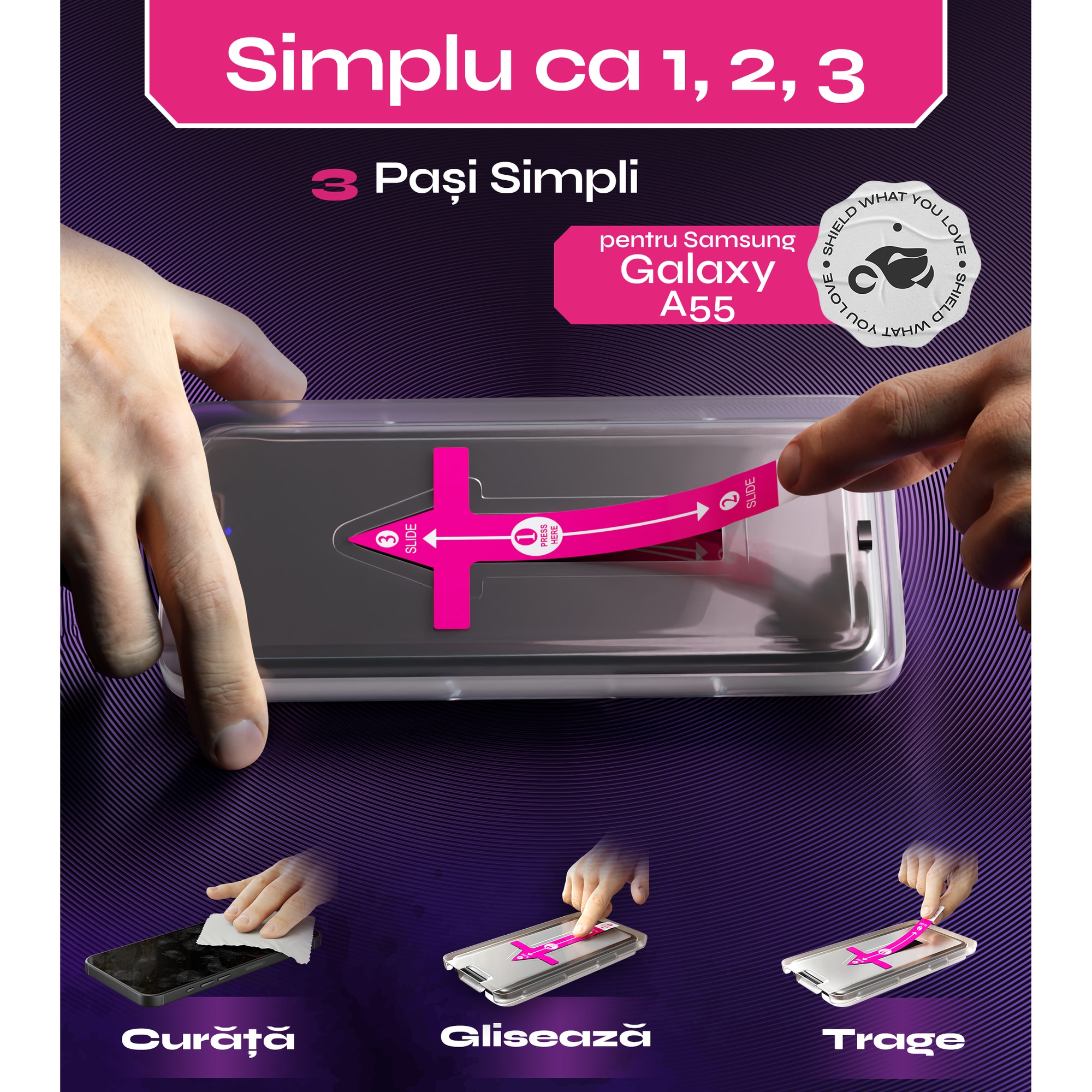 Set 2 Folii sticla compatibil cu Samsung Galaxy A55, DefenSlim, instalare usoara si rapida cu dispozitiv de potrivire automata in 30 sec cu Easy Install Kit patentat, protectie telefon