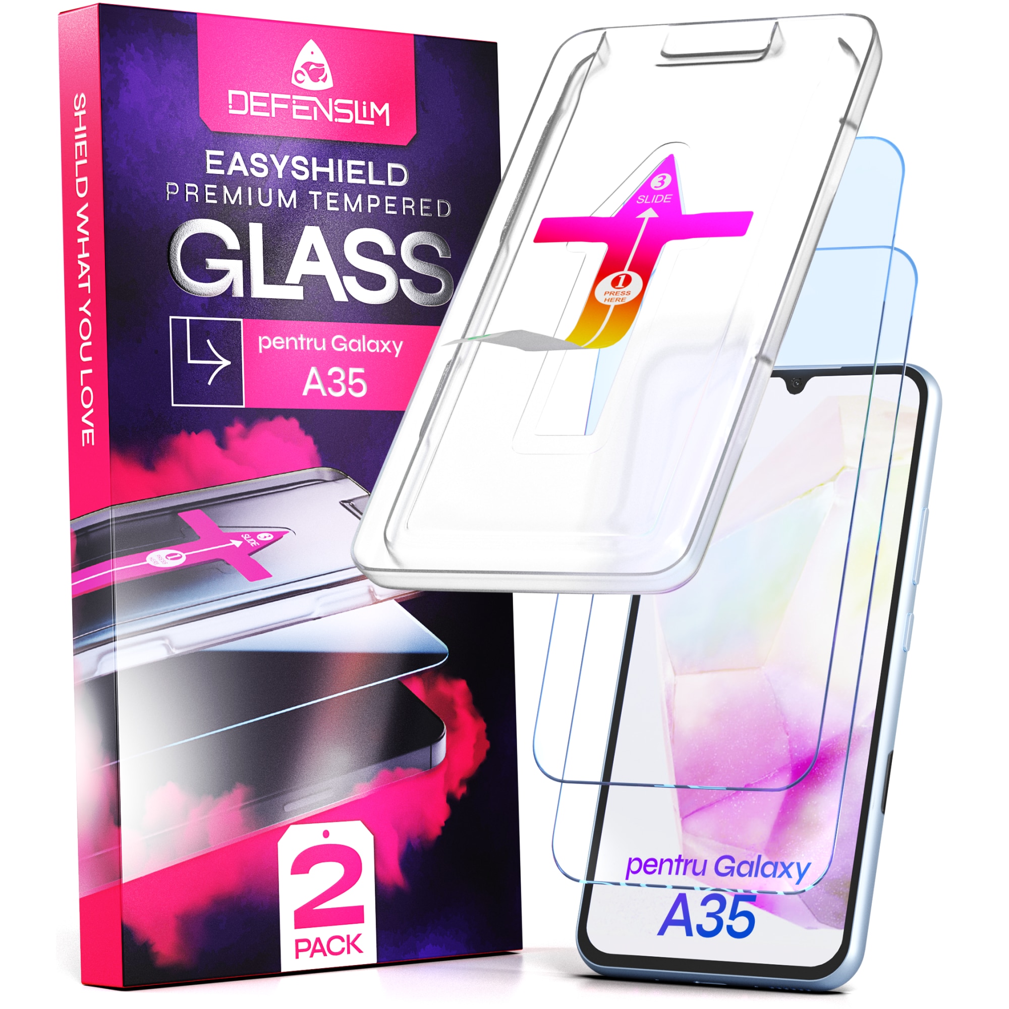 Set 2 Folii sticla compatibil cu Samsung Galaxy A35, DefenSlim, instalare usoara si rapida cu dispozitiv de potrivire automata in 30 sec cu Easy Install Kit patentat, protectie telefon