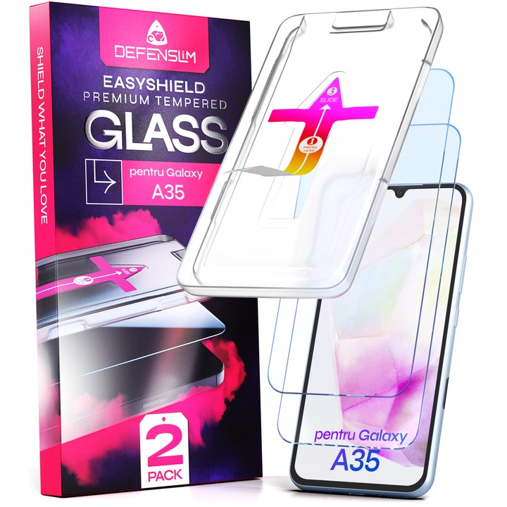 Set 2 Folii sticla compatibil cu Samsung Galaxy A35, DefenSlim, instalare usoara si rapida cu dispozitiv de potrivire automata in 30 sec cu Easy Install Kit patentat, protectie telefon