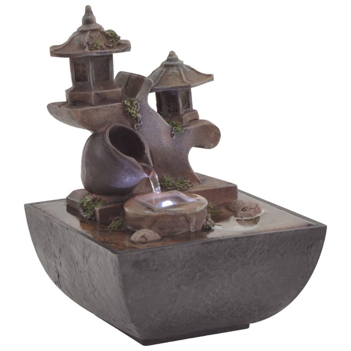 Декоративен фонтан с LED осветление, Zakito Europe, Resin / Plastic, 13,5 x 13,5 x 18,5 cm, Сиво / Кафяво