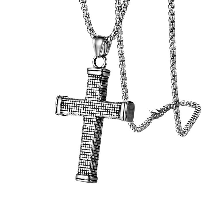 Lant cu pandantiv cruce solida, model believer, tematica religioasa, unisex, argintiu, EFAYN