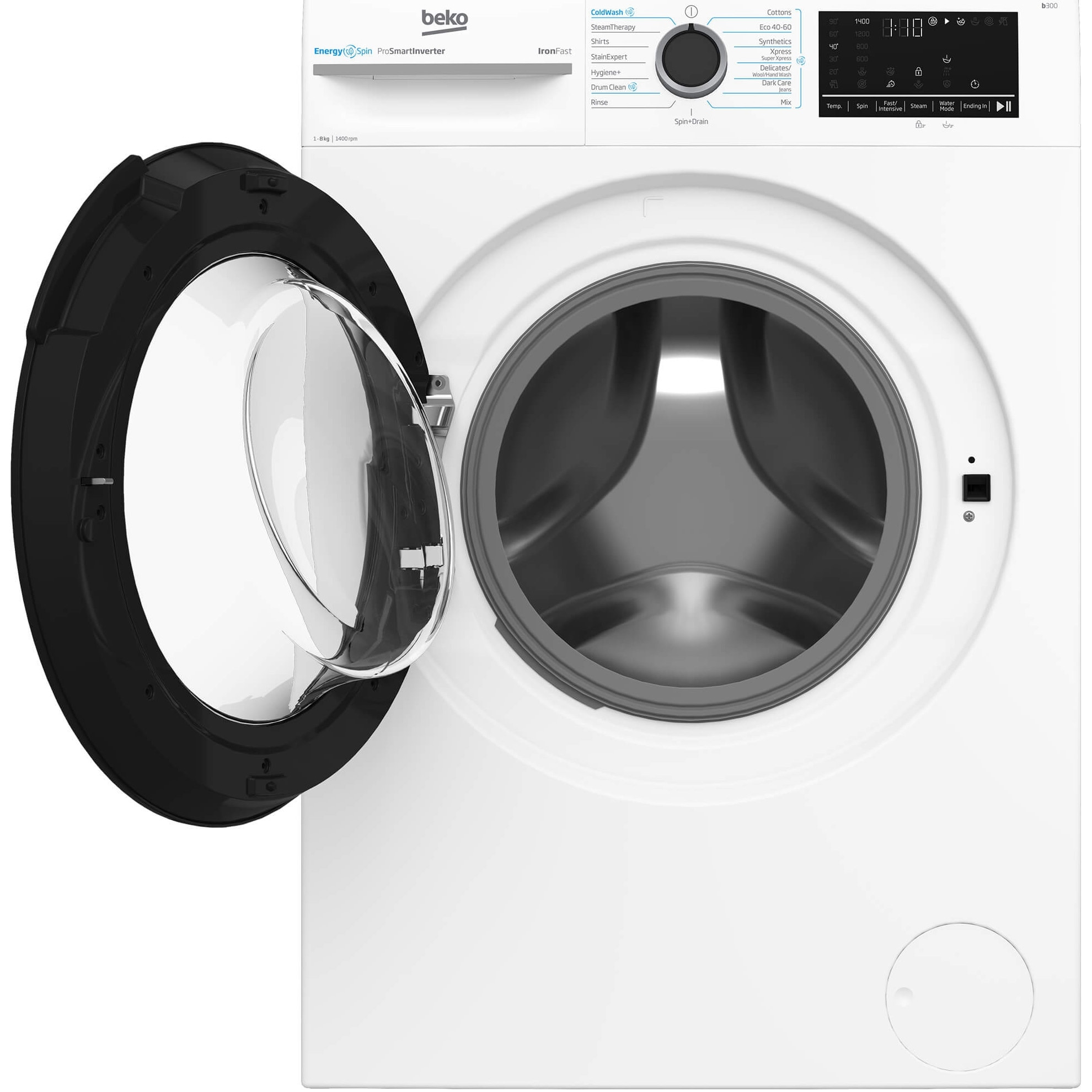 Masina de spalat rufe Beko BM3WFSU48415WB, 8 kg, 1400 rpm, Clasa A, Motor ProSmart Inverter, EnergySpin, ColdWash, SteamCure, Alb