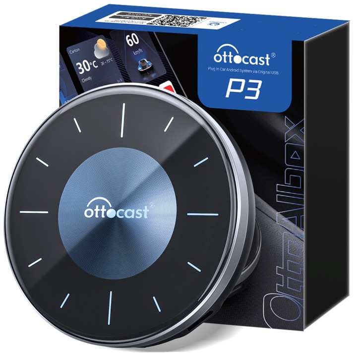 Vezeték nélküli adapter, Apple Carplay és Android Auto kompatibilis, OTTOCAST Ottocast P3 8G/128G, Netflix / Youtube / minden Google alkalmazás / SIM kártya / mini HDMI / 128 GB belső memória