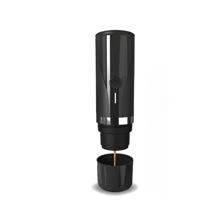 Espressor cafea portabil, cu functie de incalzire 96 grade C, compatibil cu capsule Nespresso si cafea macinata 12V, 90W, 20 bar, acumulator 7800 mAh, negru