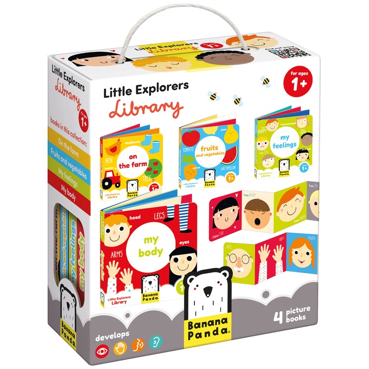Joc educativ pentru copii si bebelusi, Banana Panda, Little Explorers Library, 4 carti tip acordeon cu ferma, partile corpului, fructe si sentimente, 90 cm lungime, +12 luni, in cutie pastrare