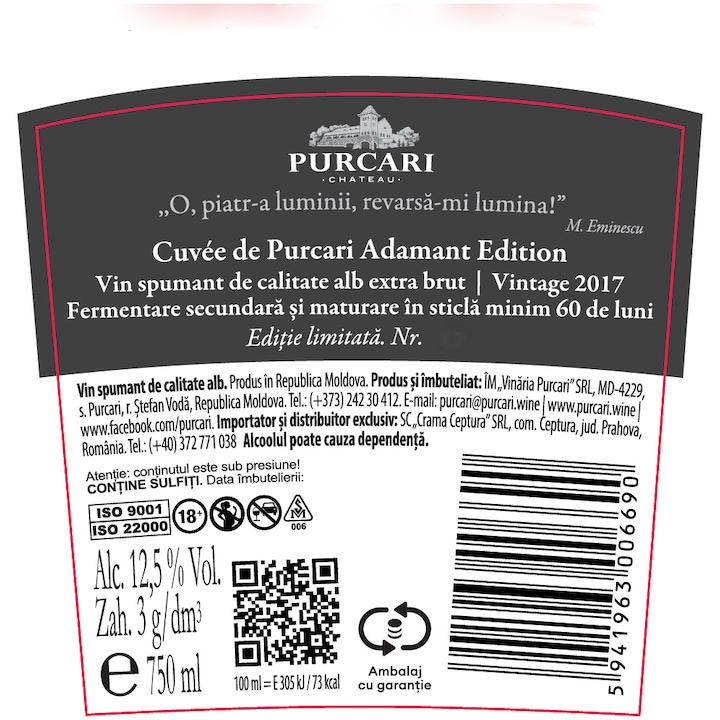 Vin Spumant Cuvee de Purcari, Adamant Edition, Extra Brut, 0.75l