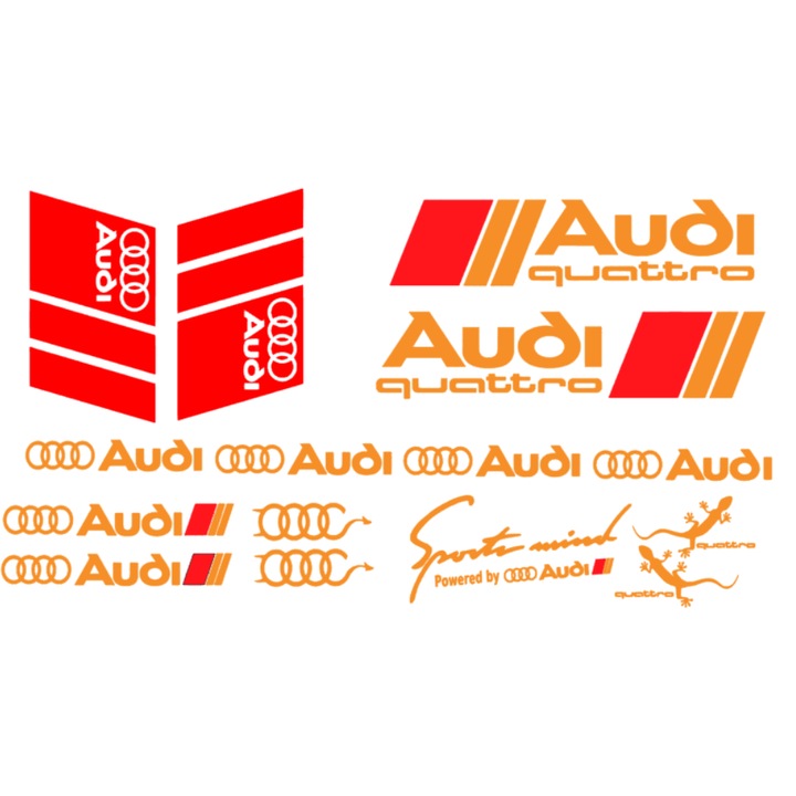 Set 15 stickere Audi Quattro, portocaliu cu rosu