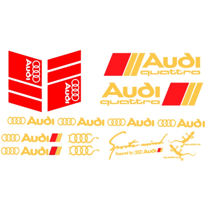 Set 15 stickere Audi Quattro, auriu cu rosu