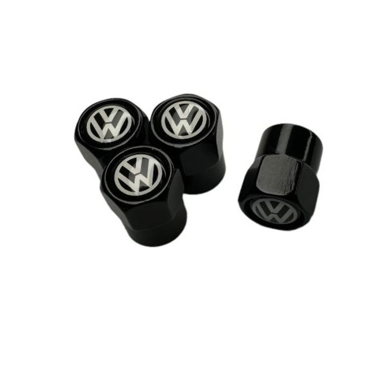 Set 4 capacele pentru ventil auto din aluminiu, Hexagon, Volkswagen, Negru