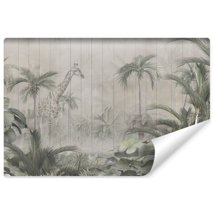 Fototapet Muralo jungla, animale salbatice intr-o padure tropicala, fundal din lemn 400 cm x 280 cm decor pentru camera unui copil