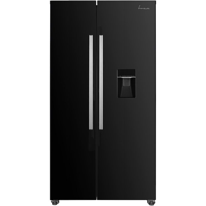 Fram FSBS-HM440NFBKWDE++, Side by side hűtő, 439 l, No Frost, E energiaosztály, kompresszor inverter, kijelző, vízadagoló, intelligens funkció, M 176,5 cm, fekete
