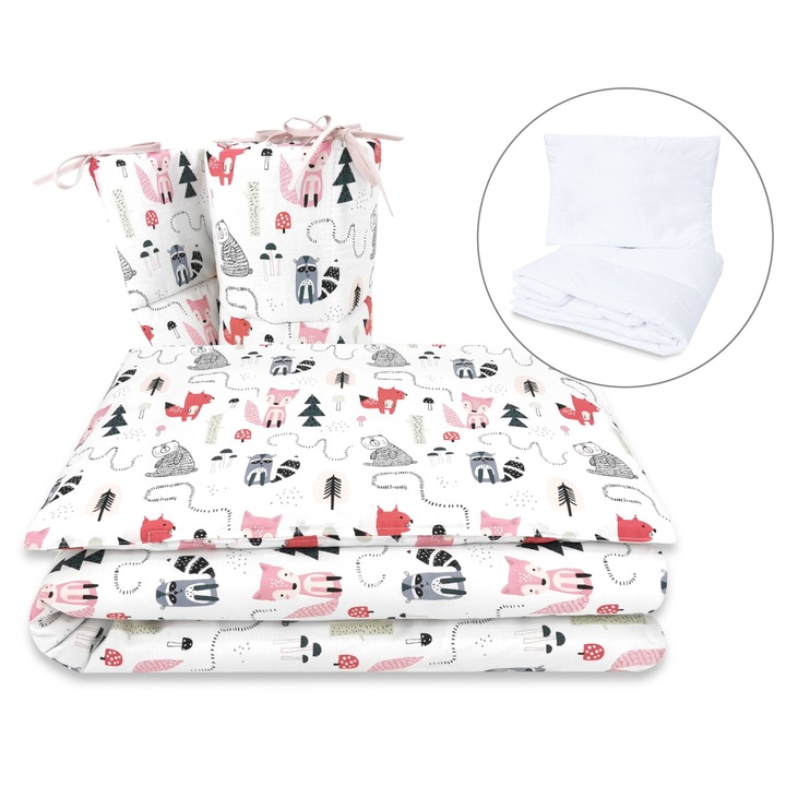 Lenjerie patut cu 5 piese, MimiNu, Pentru patut 120x60 cm, Cu pilota si perna, Din bumbac certificat Oeko Tex Standard 100, Fox