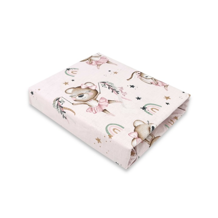 Чаршаф с ластик, MimiNu, За бебешка количка, количка и кош, Размер 80х35 см, Oeko Tex Standard 100 сертифициран памук, Дизайн балерина, розов