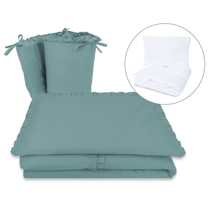 Lenjerie patut cu 5 piese, MimiNu, Pentru patut 120x60 cm, Cu volanase, Cu pilota si perna, Din bumbac certificat Oeko Tex Standard 100, Colectia Royal, Nepal Green