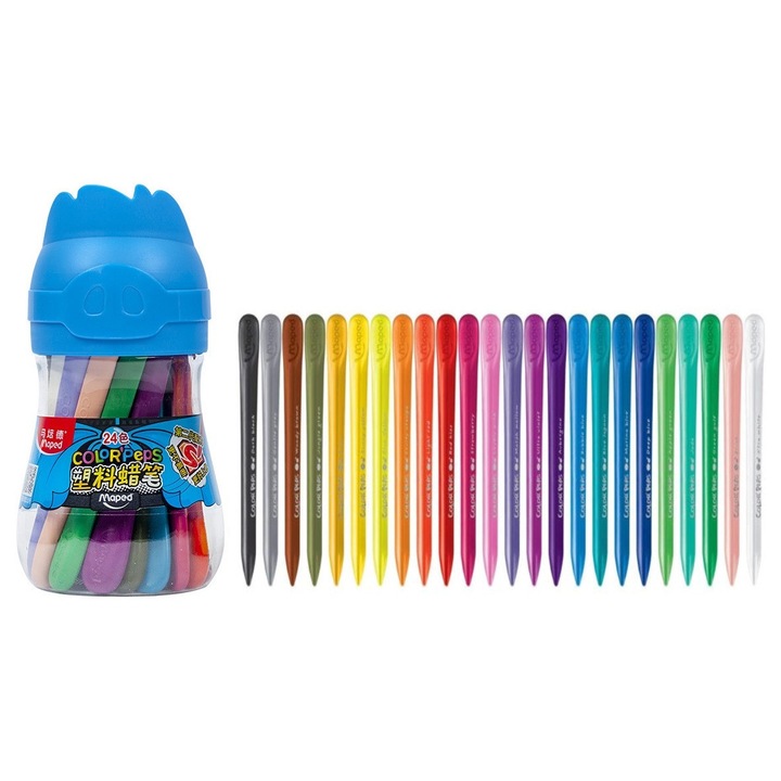 Set creioane colorate cerate din plastic Maped PlastiClean, 24 culori, cu butoias pentru depozitare