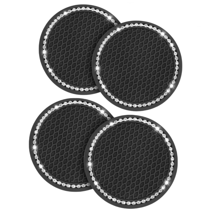 Set 4 suporturi auto pentru pahar, TasyPins, Silicon, 6.8cm, Negru