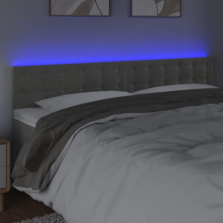 Tablie de pat cu LED vidaXL, gri deschis, 180x5x78/88 cm, catifea, 9.53 kg 3122106