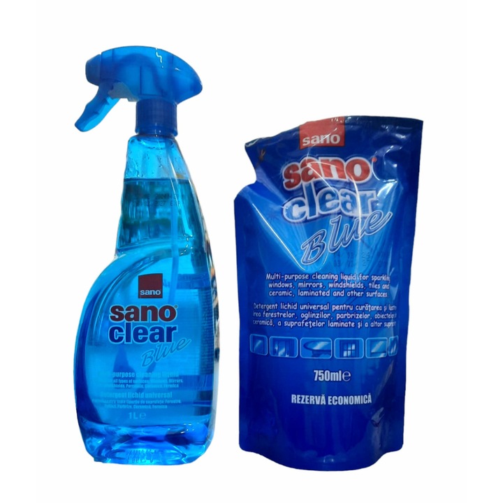 Pachet: Solutie pentru curatat geamuri Sano Clear Blue Trigger, 1 L + Rezerva Sano 500 ML