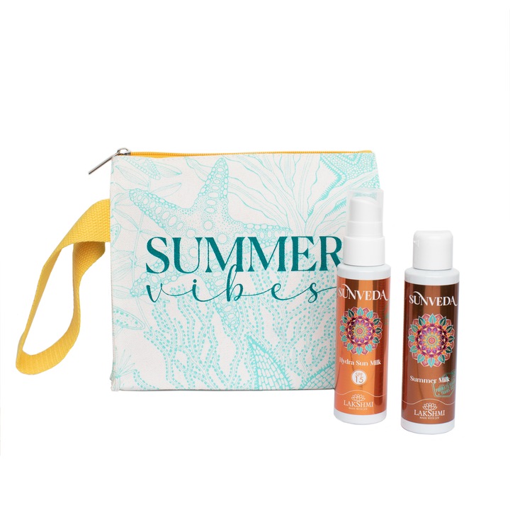 Kit 2 produse de protectie solara eco bio Summer vibes 200ml, Lakshmi, perfect pentru calatorii, hydra sun lapte 15 spf 100ml si lapte corp 100ml