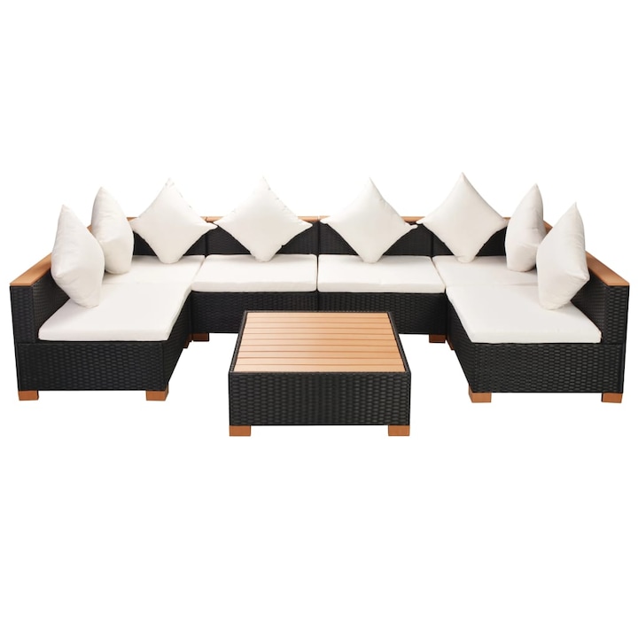 Set mobilier gradina/terasa/exterior 7 piese cu perne incluse, vidaXL, PVC, 69,5 x 69,5 x 57,5 cm, Negru