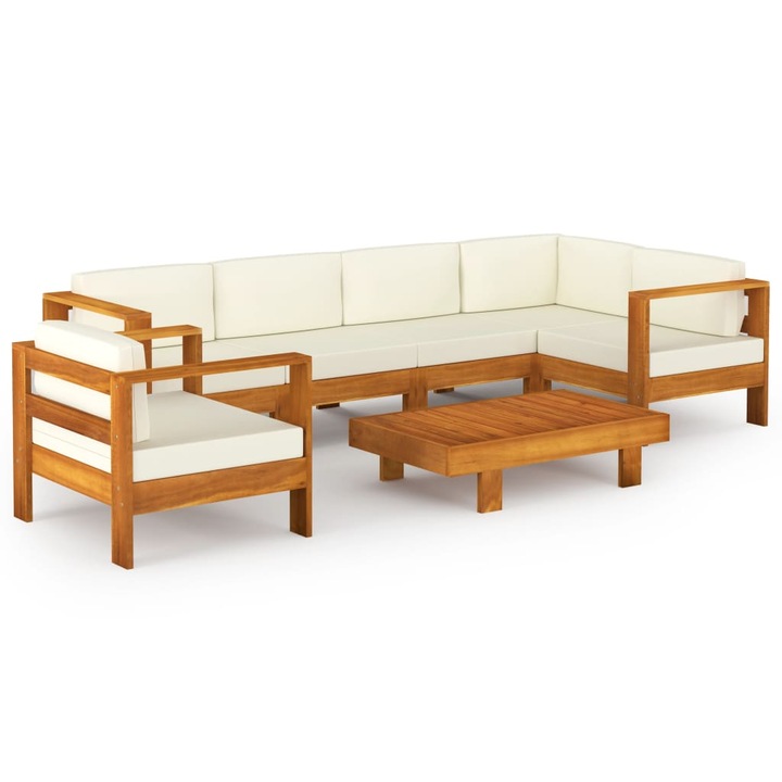 Set mobilier gradina perne alb/crem vidaXL, 7 piese, lemn masiv acacia, 67.7 kg 3057934