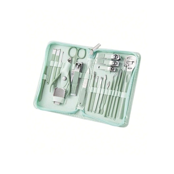 Set profesional de ingrijire manichiura si pedichiura, 22 accesorii, otel inoxidabil, inclus etui, culoarea verde, The Casius.®