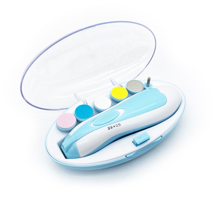 Електрическа бебешка нокторезачка, QttvbTna, полипропилен, 13.2x4.3x4см, синьо/бяло