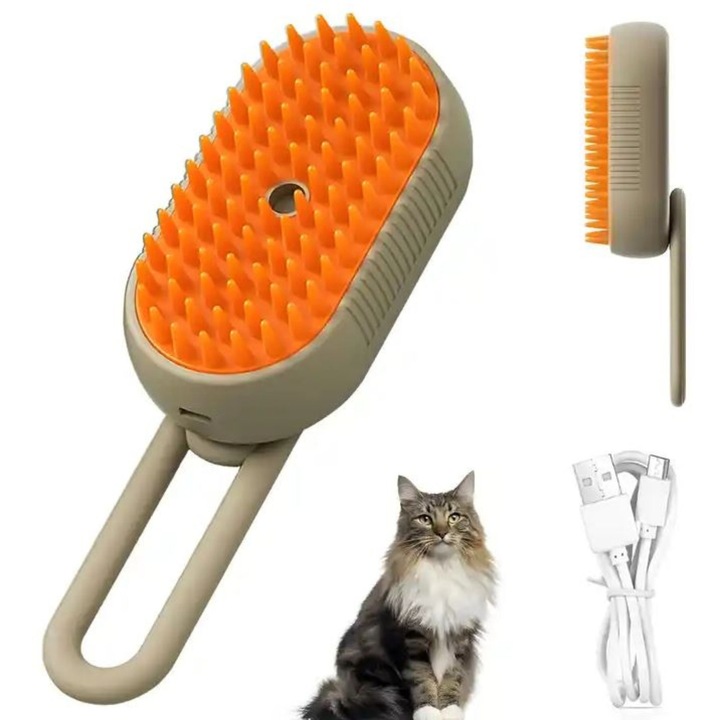 Perie cu Abur Pentru Animale de Companie, LUXEMATE®, 3 in 1, Incarcare USB, Indeparteaza Parul, Curatare si Masaj, Maner Rotativ 360 grade, Crem
