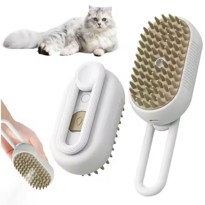 Perie cu Abur Pentru Animale de Companie, LUXEMATE®, 3 in 1, Incarcare USB, Indeparteaza Parul, Curatare si Masaj, Maner Rotativ 360 grade, Alb