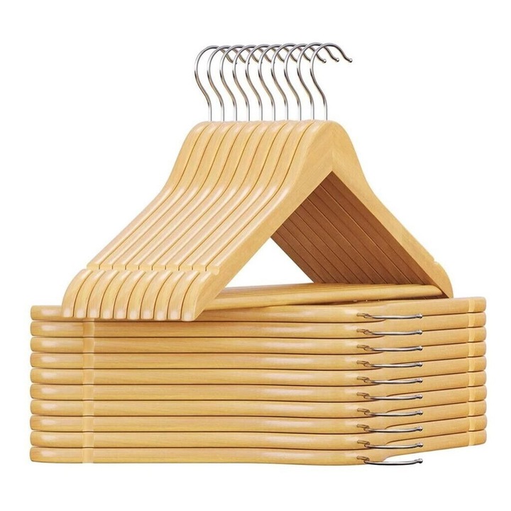 Set 20 de umerase din lemn, UTOPIA, Carlig rotativ 360°, cu Crestaturi anti - alunecare pe umeri, Bara pentru pantaloni, pentru costume, camasi, paltoane, 43.5 cm, Natur