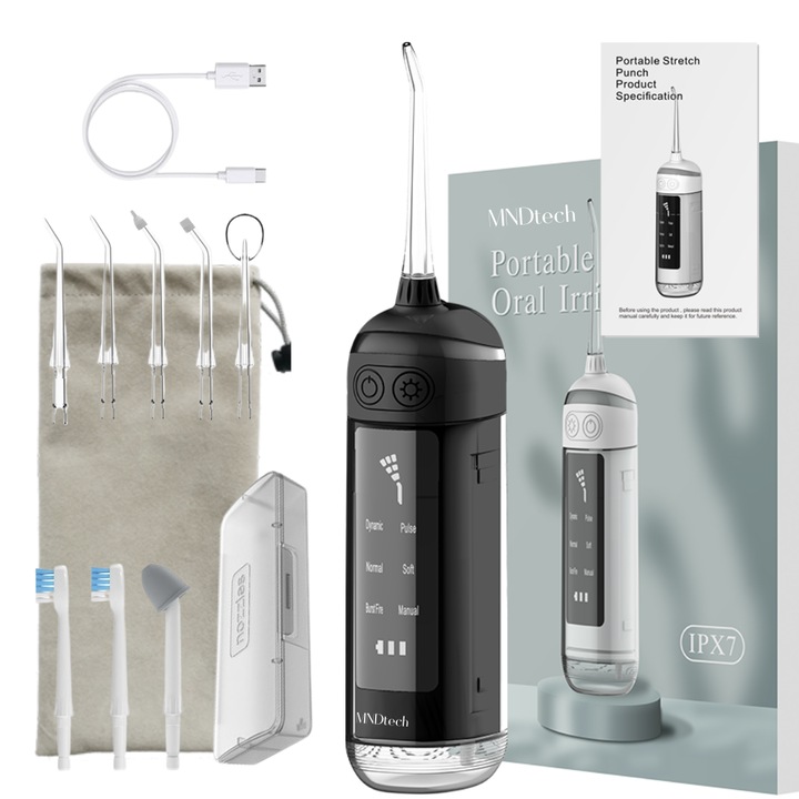 Irigator Bucal Profesional 6-in-1 MNDtech® - tip Dus Oral cu 8 Duze, Pulsatii Intense, Presiune Mare Variabila, 6 Moduri Adaptabile, Rezistent la Apa IPX7, Rezervor Telescopic, Oprire Inteligenta, Functie Memorie, Eficient in Sanatatea Orala, Negru