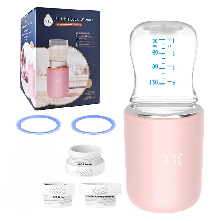 Hordozható melegítő Reiymi cumisüvegekhez, 3 adapterrel, vezeték nélküli, beépített 8800 mAh-s akkumulátor, digitális kijelző, USB Type-C töltő, 4 hőmérsékleti fokozat, vízálló anyag